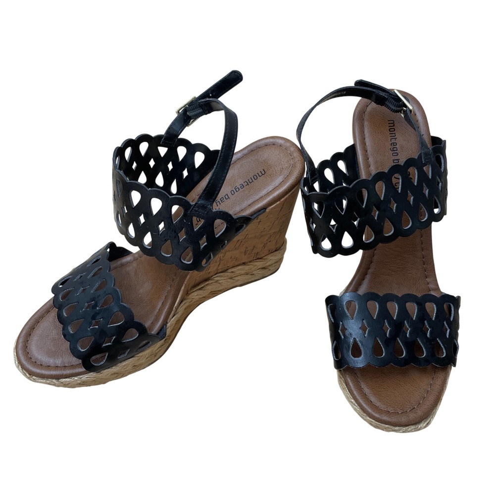 Montego‎ Bay Club Black Wedge Sandals Women's Size 8 Ankle Strap Espadrille